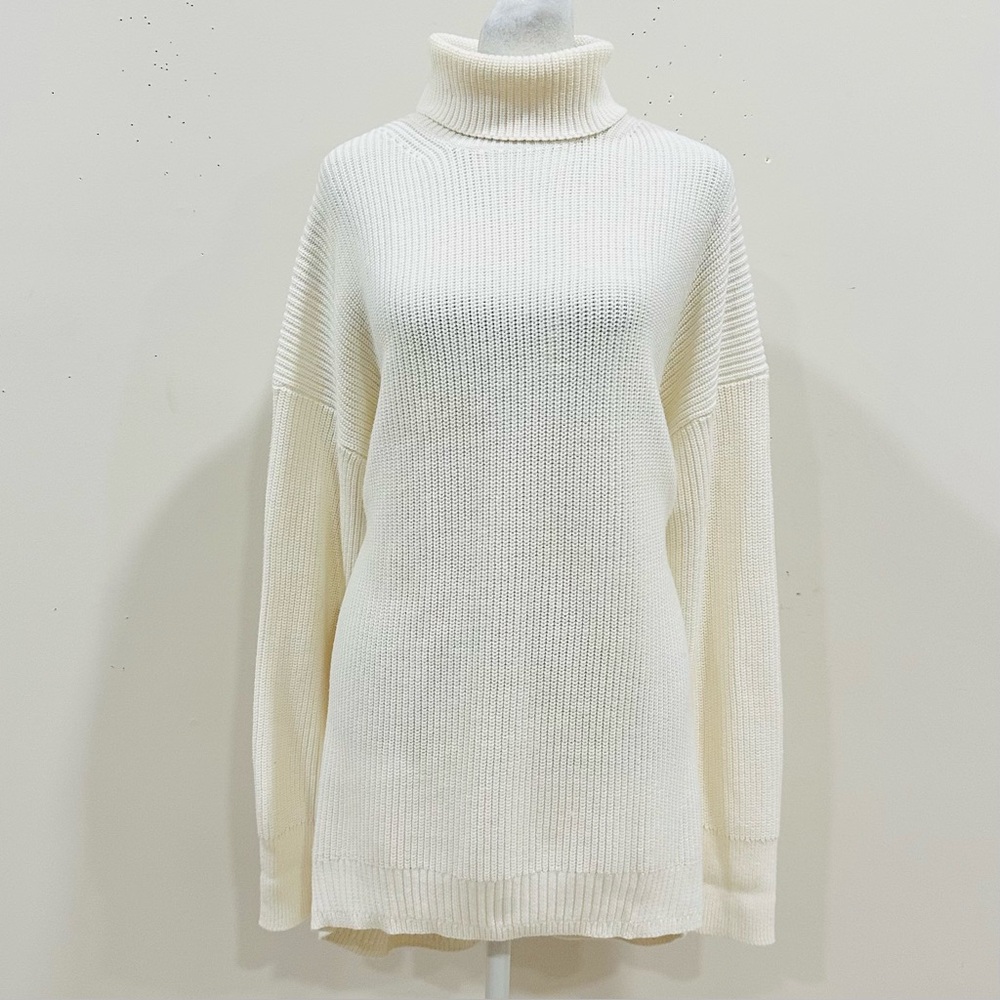 J Crew Sweater Womens Size L Pullover Ivory Turtleneck Cotton Cashmere Relaxed‎